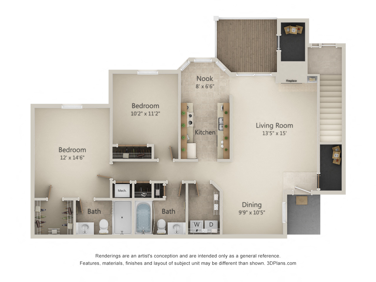 Floor plan for 2 beds, 2 baths, 1195 sqft